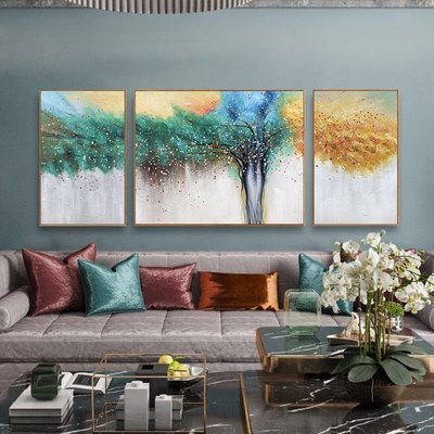 手繪油畫 生命之樹 現代客廳三聯掛畫抽象輕奢沙發背景墻招財樹