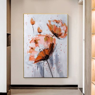 純手繪花卉油畫牡丹花抽象玄關裝飾畫走廊過道豎版掛畫大幅落地畫