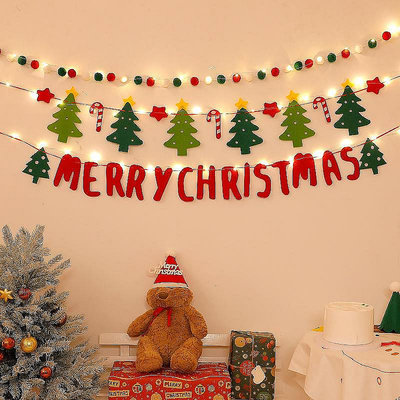 【現貨】圣誕節裝飾用品ins圣誕樹燈串掛飾麋鹿拉花墻面裝飾壁飾場景布-興龍家居