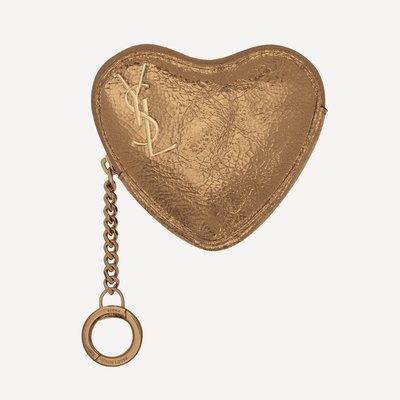 Saint Laurent Paris YSL (銅金色) 立體LOGO 愛心 真皮小零錢包 鑰匙圈｜100%全新正品