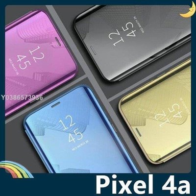 Google Pixel 4a 電鍍半透保護套 鏡面側翻皮套 免翻蓋接聽 原裝同款 支架 手機套 手機殼 谷歌lif29030