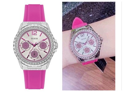 GUESS Starlight白色錶盤 銀色水鑽圈 桃粉色矽膠材質錶帶 石英 女士手錶W0846L2