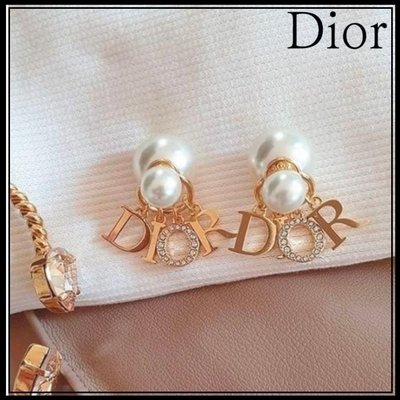 【翰貝格名牌館】全新真品 Dior TRIBALES 復古金 字母 白色 珍珠 垂吊 字母 夾式 耳環 預購