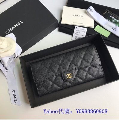 里昂二手正品 CHANEL A80758 經典COCO款雙C菱格紋荔枝皮兩折長夾.銀扣/黑 發財包