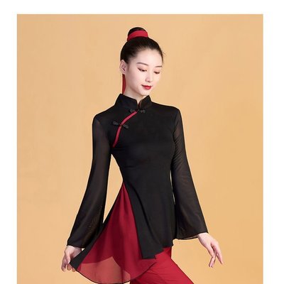 下殺-古典舞旗袍舞蹈服女拼接紗衣民族演出風表中國舞練功服裝彈力