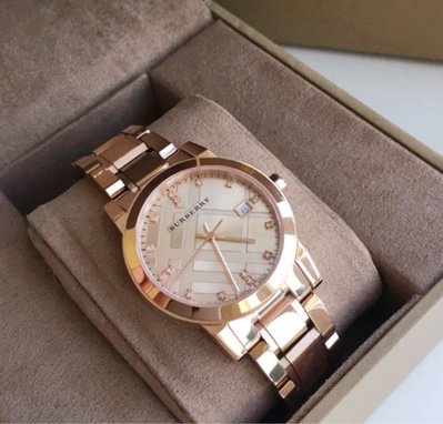 全新正品BURBERRY 腕錶 BU9126 經典立體格紋 玫瑰金鋼錶帶 晶鑽刻度 石英 女生手錶34mm 氣質百搭時尚單品