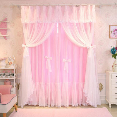 韓式夢幻公主風蕾絲窗簾成品溫馨臥室田園粉色兒童落地窗飄窗短簾