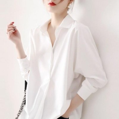 薄長袖上衣 韓版長袖襯衫 白 襯衫女韓國早秋長袖純色垂感寬松個性白襯衣SS001
