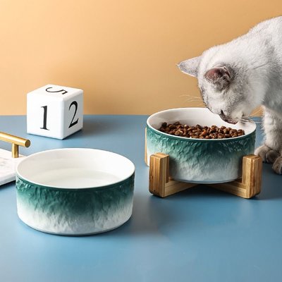 石紋陶瓷貓碗雙碗狗碗貓咪食盆狗狗喝水貓糧碗寵物食碗一體防打翻