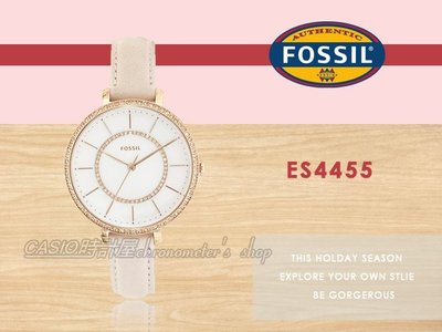 CASIO時計屋 FOSSIL手錶 ES4455  氣質石英女錶 皮革錶帶 珍珠貝錶面 粉 防水  鑲嵌晶鑽