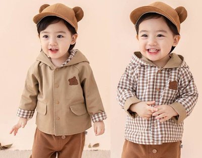 【寶舖543】刺繡復古格紋兒童連帽風衣外套 J01 雙面穿搭 兒童服飾 寶寶服飾 嬰幼兒外套 寶寶連帽外套