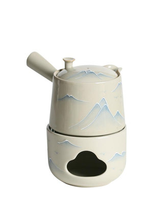 草木灰手繪山水側把壺釉下彩陶瓷蠟燭溫茶爐套裝家用茶壺--三姨小屋