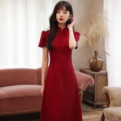 新娘敬酒服旗袍2022新款夏季中式紅色平時可穿回門訂婚答謝宴禮服~特價