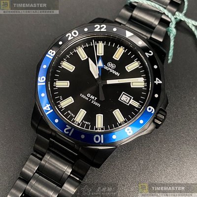 WAKMANN手錶,編號WA00028,44mm黑圓形精鋼錶殼,黑色潛水錶, 中三針顯示錶面,深黑色精鋼錶帶款