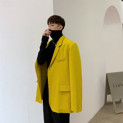台灣現貨 螢光色西裝外套韓版寬鬆西裝休閒氣質感黃色小西裝
