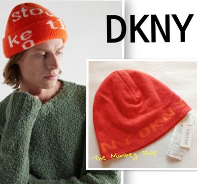 【 The Monkey Shop 】義大利製 全新正品 DKNY 橘色基本款大 Logo 羊毛保暖毛帽