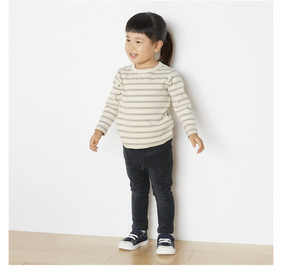 [MUJI無印良品]幼兒有機棉起毛針織圓領長袖T恤 90淺灰白橫紋 二手童裝