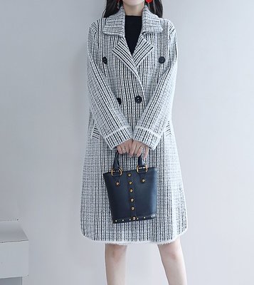 FINDSENSE品牌 秋冬季 新款 韓國原裝 女 氣質 絨格子 中長款 大衣 時尚 毛衣外套 潮流