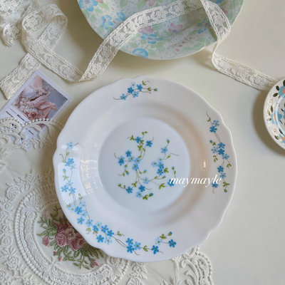 法國vintage小藍花Arcopal奶玻璃中古盤早餐盤餐具