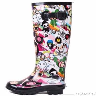SUMEA 颱風雨季必備 時尚卡通手繪成人高筒雨靴 可愛娃娃橡膠防水女生雨鞋 學生水鞋套鞋 千姿