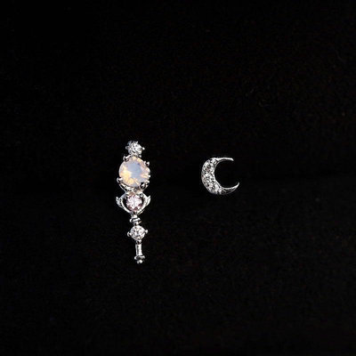 香港正生純銀 HK 月亮 仙女棒耳環 不對稱式 925純銀 可愛風 如意貓