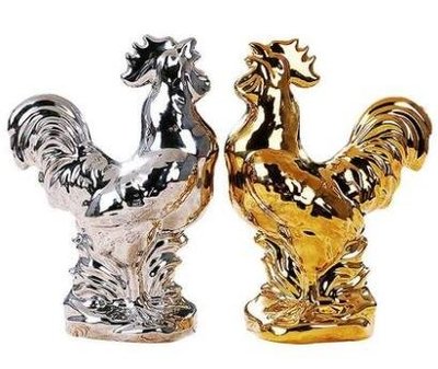 7241A 歐式 金銀雞報曉造型擺件 歐風陶瓷工藝品金雞裝飾品動物擺飾拍照道具禮物