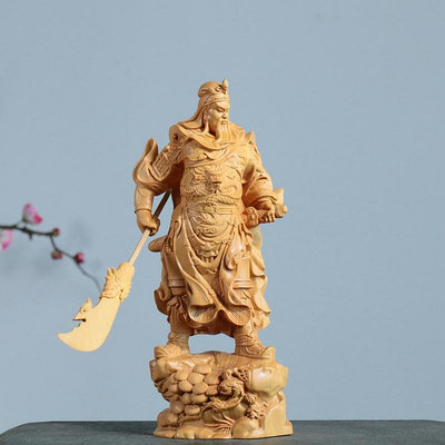 小葉黃楊木雕中式擺件實木雕刻工藝品人物飾品武財神關羽橫刀關公