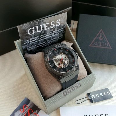 GUESS 鏤空錶盤 黑色橡膠錶帶 男士 自動機械錶 W1247G1
