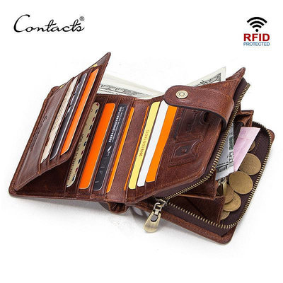 CONTACT'S真皮RFID男士錢包帶零錢包男性卡夾男士錢夾