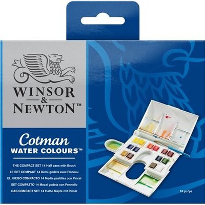 WINSOR&amp;NEWTON cotman set 牛頓 水彩 塊狀14色含筆調色盤 0390083 贈 牛頓外出水彩筆
