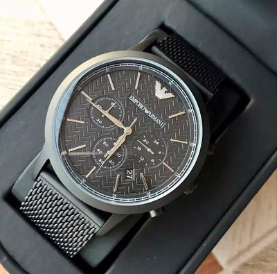 EMPORIO ARMANI 黑色米蘭編織不銹鋼錶帶石英 三眼計時 男士手錶 AR2498