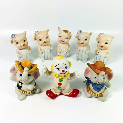 極早期 鶯歌陶瓷 外銷品 商展夜市套圈圈 小豬小象小丑 公仔雕像 共8隻