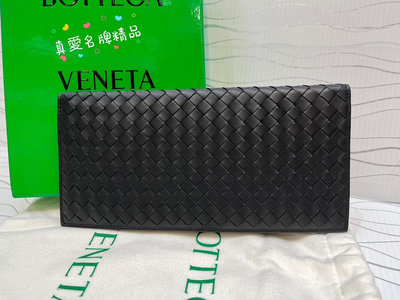 《真愛名牌精品》Bottega Veneta (BV) 黑色編織 對開 加大 長夾 *全新*64319