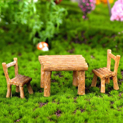 .微景觀迷你仿真木頭桌椅方桌圓桌椅子凳子桌子樹脂園藝造景小擺件