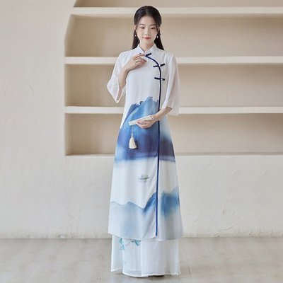 快速到貨 新款中國風女裝中式復古立領水墨彩繪印花改良漢服洋裝禪茶服裙