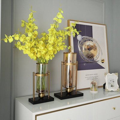 現貨熱銷-現代花瓶玻璃插花擺件客廳電視柜美式餐桌軟裝家居玄關干花裝飾品~特價