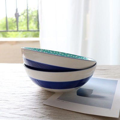 藍色條紋釉下彩淺口大碗  藍色  白色  吃飯碗  吃麵碗  喝湯碗  陶瓷餐具  條紋【小雜貨】