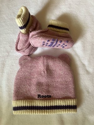 （全新）ROOTS兒童針織內刷毛帽+學步鞋（粉紫色12-18m）