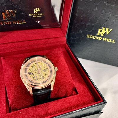 (Little bee小蜜蜂精品)ROUND WELL 瑞士浪威 機械錶款皮錶 前後簍空款式