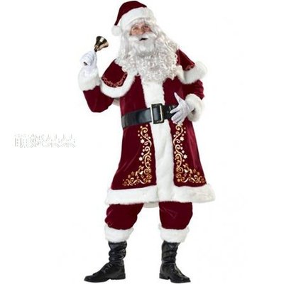 ♥萌妞朵朵♥聖誕節 耶誕節 派對變裝聖誕成人男生帽子+披肩+鬍子+衣服(上衣加褲子)+手套+皮帶+靴套 聖誕節服裝