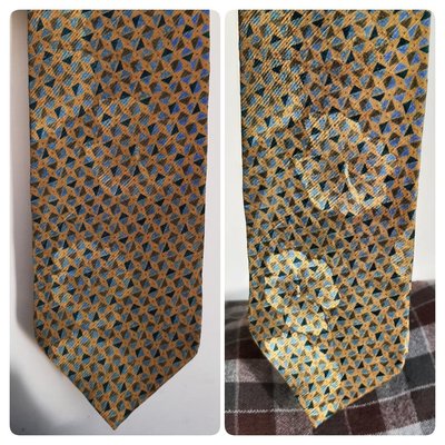 【Bjs啵古着】1970.1980年代Carrozze Italy日本縫製藍褐幾何圖案香檳金色老領帶