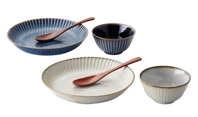 MARUSAN KONDO 日本江戶藍 深盤陶碗木匙六入禮盒 日本製 全新 現貨 送禮自用