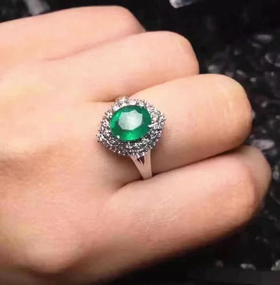 戒指精美時尚天然祖母綠彩色寶石珠寶經典復古925銀鍍18K白金戒指女