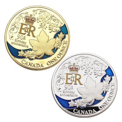 特價！現貨 2枚英國女王皇冠90周年紀念幣加拿大楓葉生日壽幣收藏幣硬幣