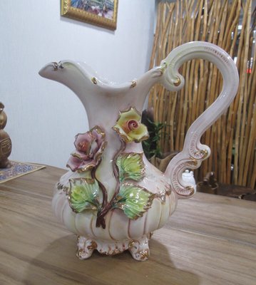 【肯萊柚木傢俱館】 義大利製 異國風味 手製 陶瓷玫瑰花瓶/花器/水壺