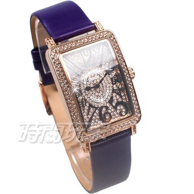 香港古歐 GUOU 閃耀時尚腕錶 滿鑽數字錶 長方型 真皮皮革錶帶 玫瑰金x紫 G8201玫紫【時間玩家】