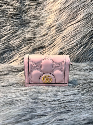 GUCCI 723786 MARMONT LOGO 玫瑰粉全皮縫線 信用卡 名片夾 短夾 零錢包
