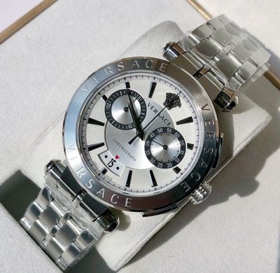 VERSACE Aion 銀白色錶盤 銀色不鏽鋼錶帶 石英 雙眼計時 男士手錶 VBR040017 (VE1D00319)