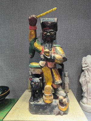 【二手】清代木雕武財神趙公明像  品相如圖 瓷器 擺件 古玩【久藏館】-1509