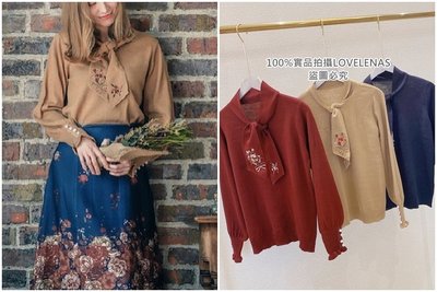?Lenas通販⭐特價⭐2019年12月日本知名品牌三色刺繡花朵綁帶領結蕾絲珍珠鈕扣長袖針織衫毛衣